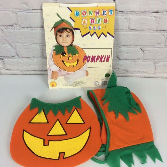 Pumpkin Bonnet & Bib Costume Halloween Party Theater Unisex Orange/Green/Yellow - Picture 5 of 7